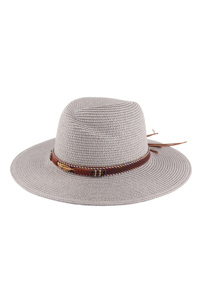 BRIM SUMMER HAT WITH FEATHER & LEATHER STRAP ACCENT