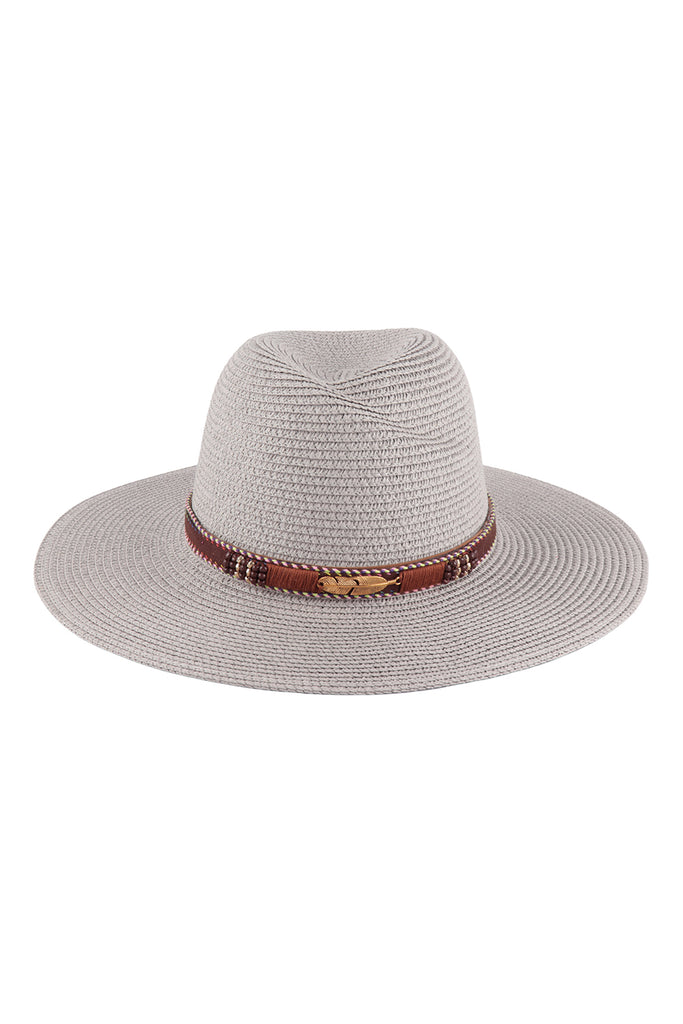 BRIM SUMMER HAT WITH FEATHER & LEATHER STRAP ACCENT