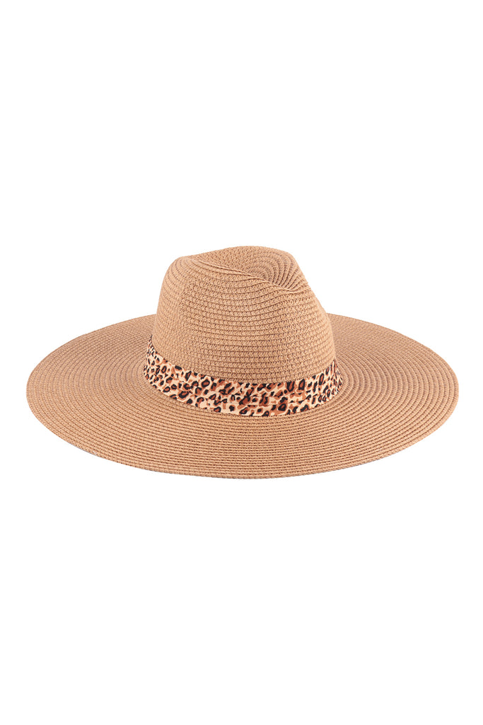 FLOPPY BRIM SUMMER HAT WITH LEOPARD STRAP ACCENT