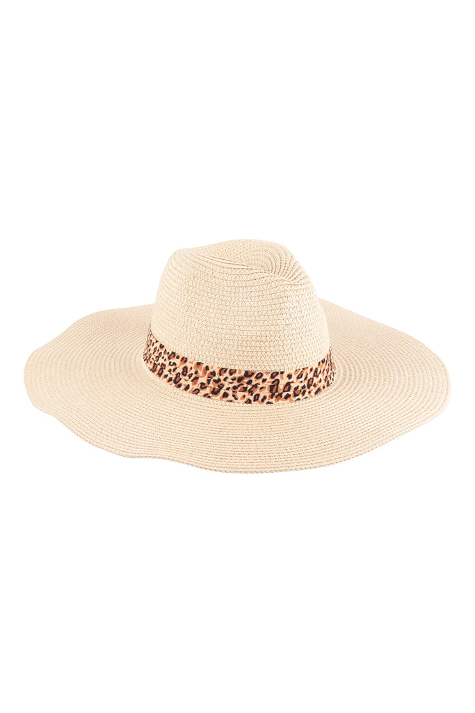 FLOPPY BRIM SUMMER HAT WITH LEOPARD STRAP ACCENT