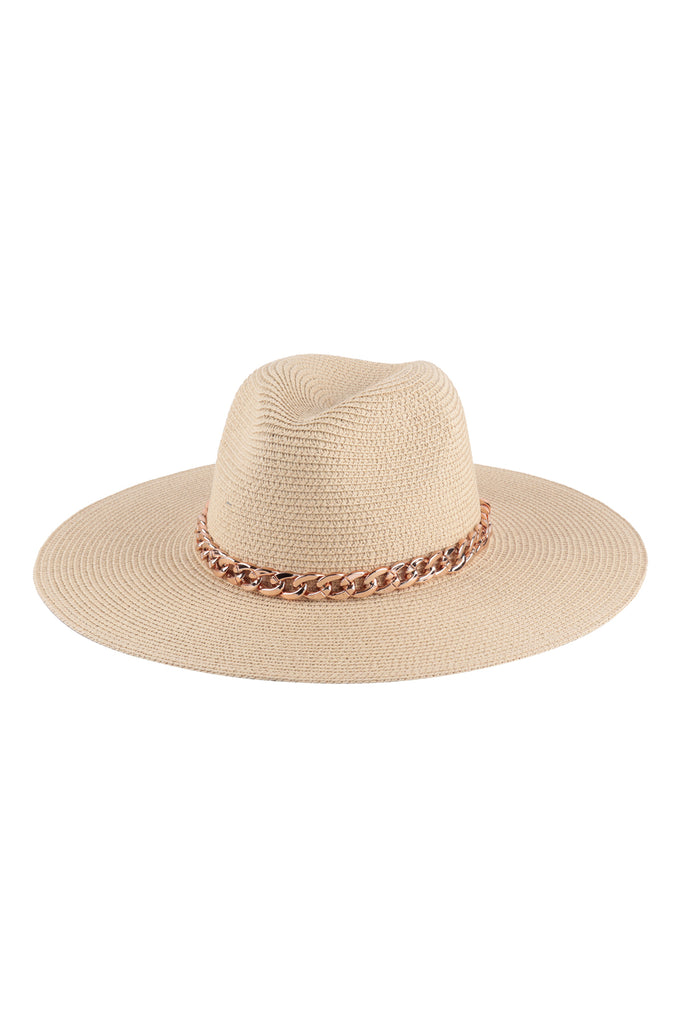 PANAMA BRIM SUMMER HAT WITH CHAIN ACCENT