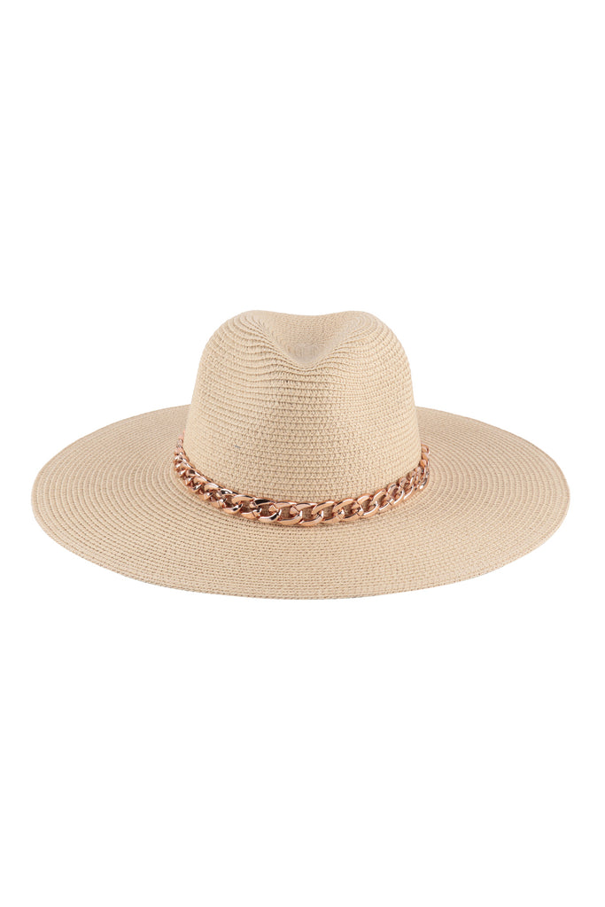 PANAMA BRIM SUMMER HAT WITH CHAIN ACCENT