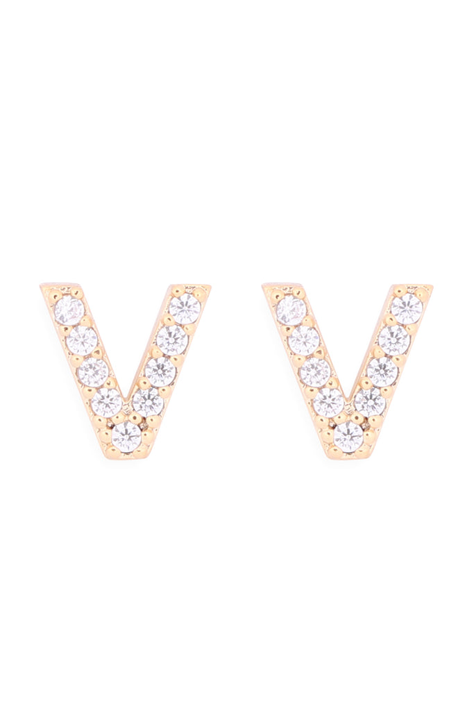 CUBIC ZIRCONIA "V" INITIAL EARRINGS