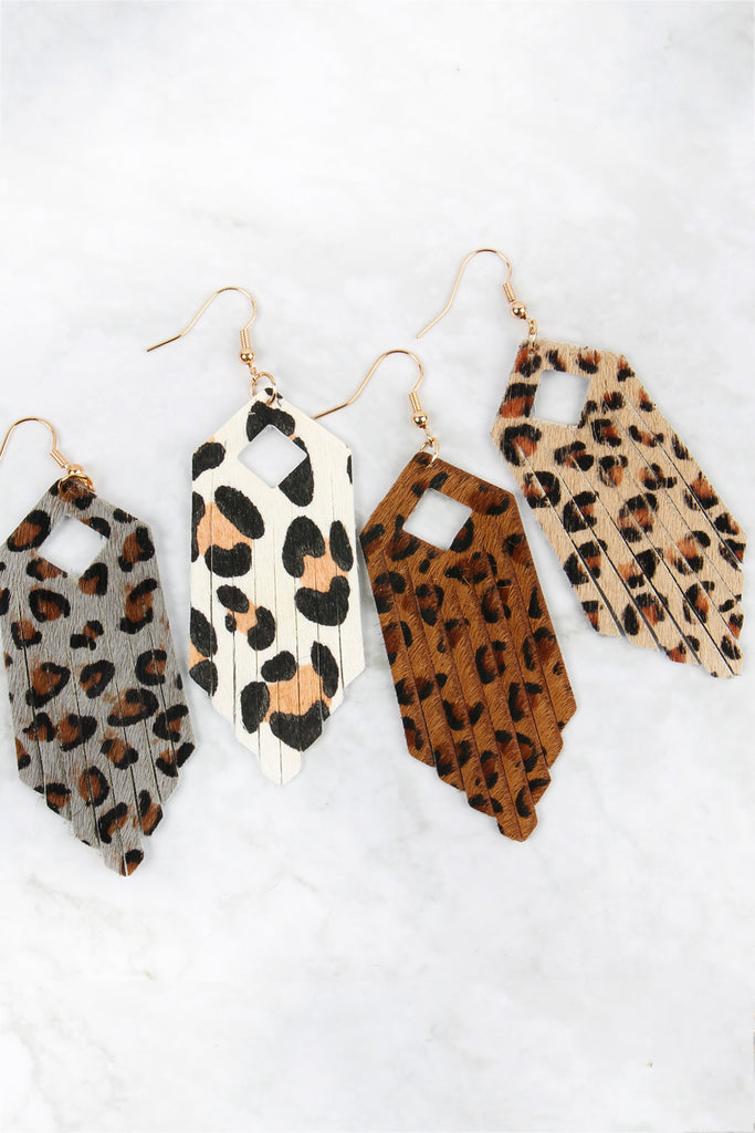 FRINGE HEXAGON LEOPARD LEATHER HOOK EARRINGS