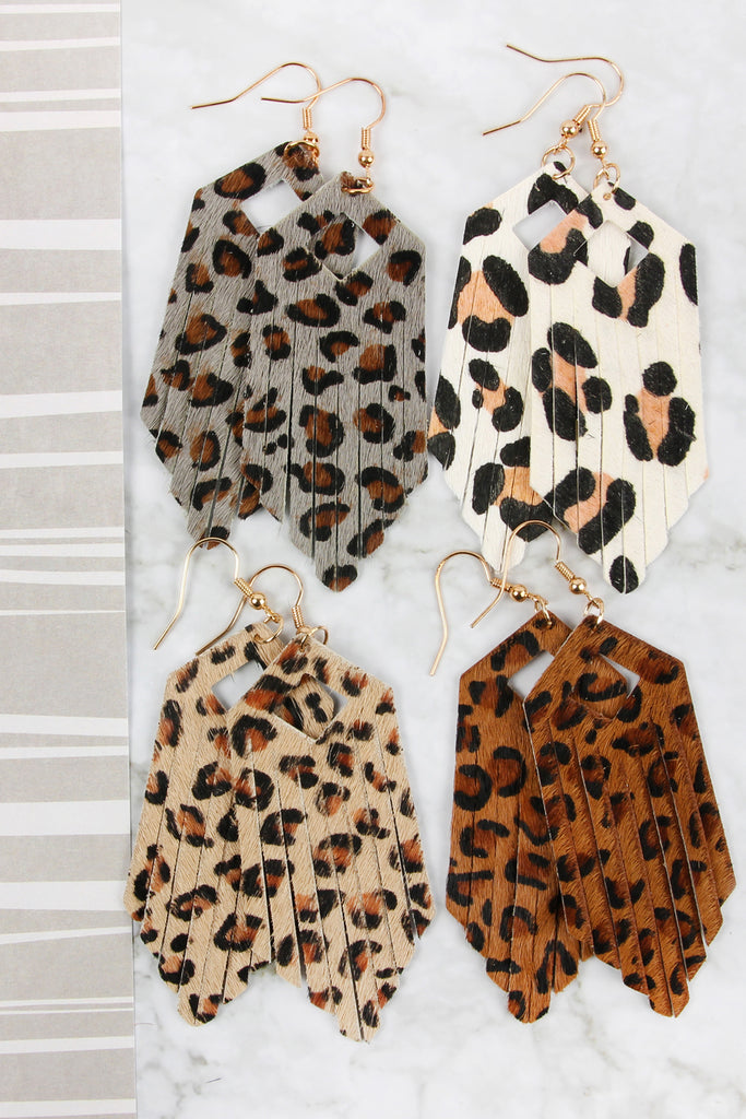 FRINGE HEXAGON LEOPARD LEATHER HOOK EARRINGS