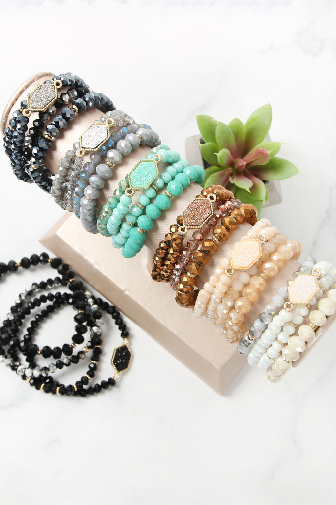 DRUZY STONE HEXAGON GLASS BEADS BRACELET