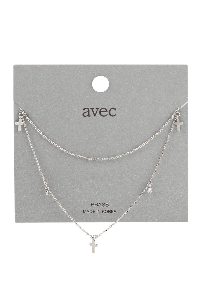 INB184 - 2 LAYERED CROSS CHARM NECKLACE