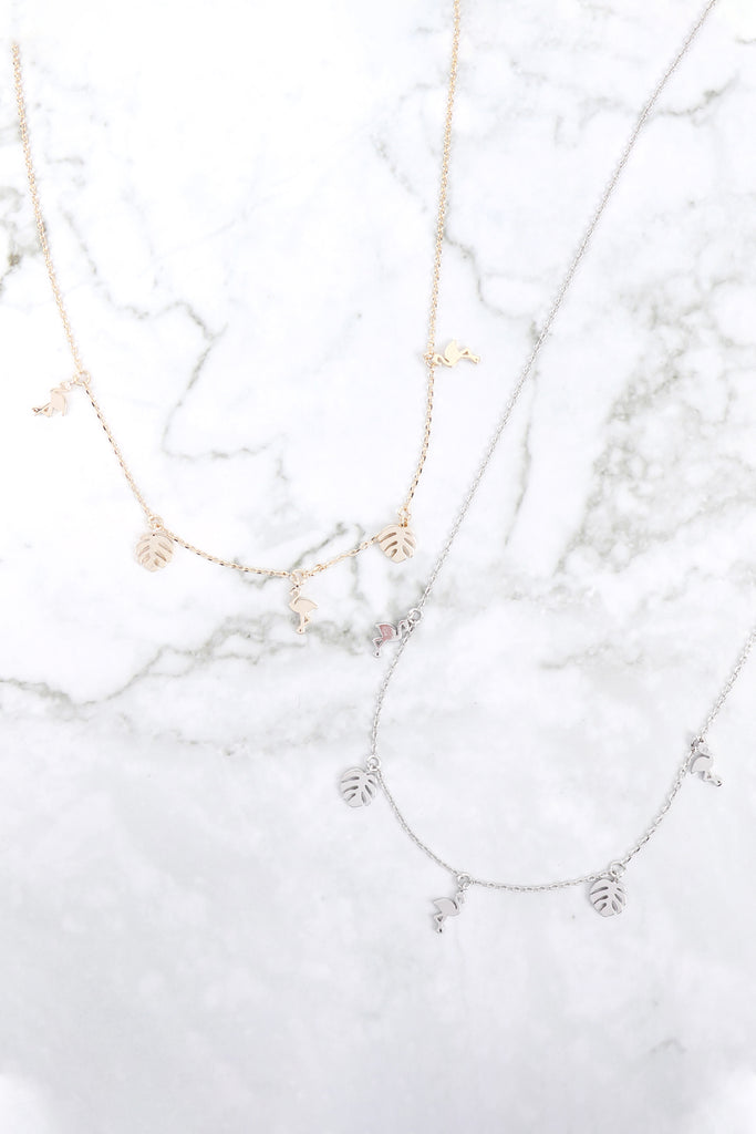 INB320 - FLAMINGO PALM LEAF STATION CHARM NECKLACE