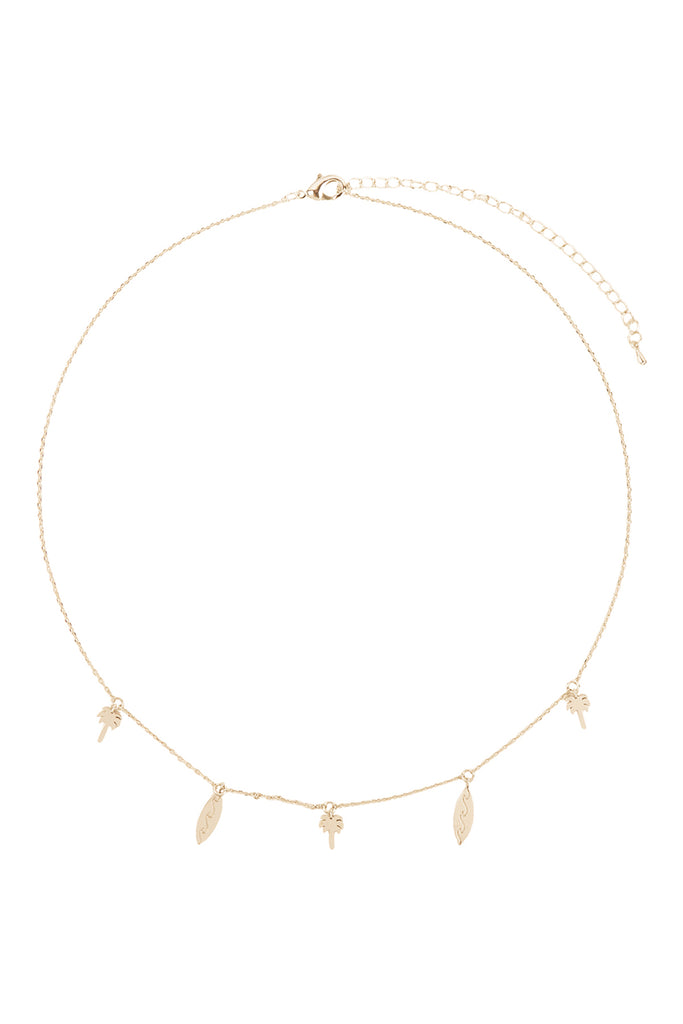 PALM TREE & SURFBOARD BRASS DAINTY NECKLACE