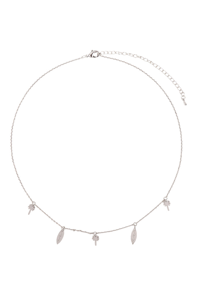PALM TREE & SURFBOARD BRASS DAINTY NECKLACE