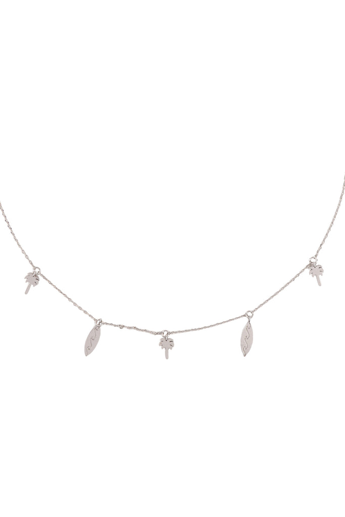 PALM TREE & SURFBOARD BRASS DAINTY NECKLACE