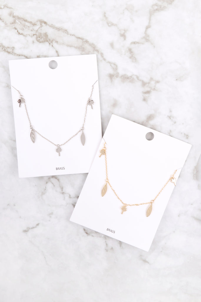 PALM TREE & SURFBOARD BRASS DAINTY NECKLACE