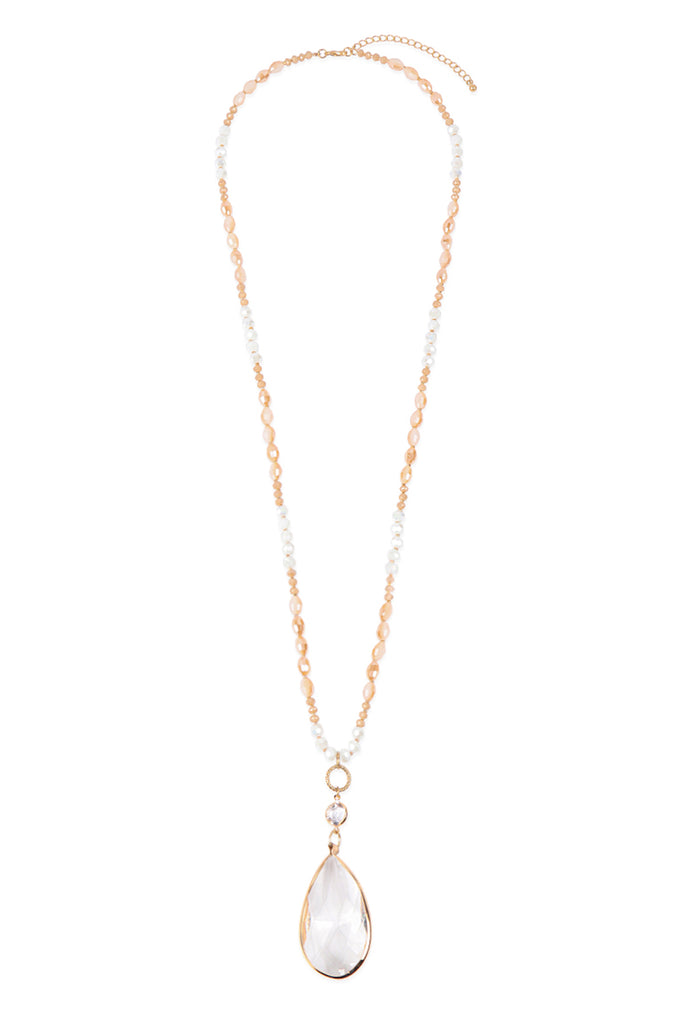 GLASS BEADS LONG NECKLACE WITH CRYSTAL TEARDROP PENDANT