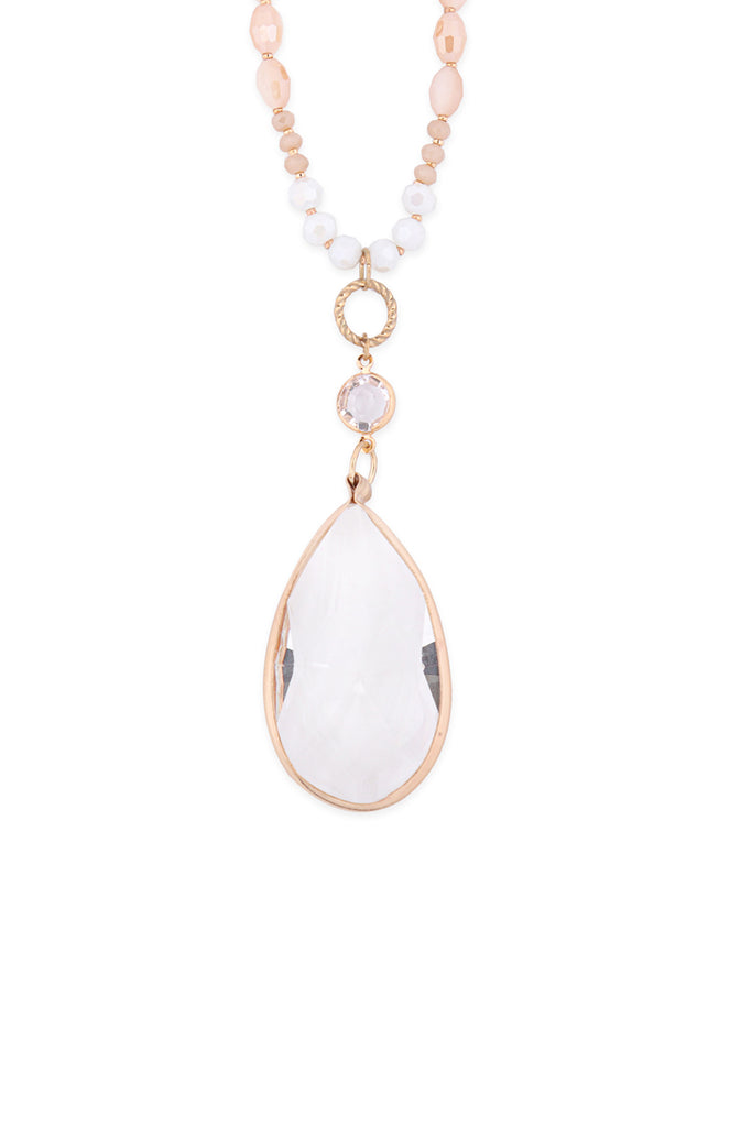 GLASS BEADS LONG NECKLACE WITH CRYSTAL TEARDROP PENDANT