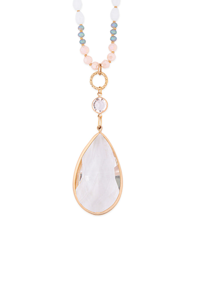 GLASS BEADS LONG NECKLACE WITH CRYSTAL TEARDROP PENDANT