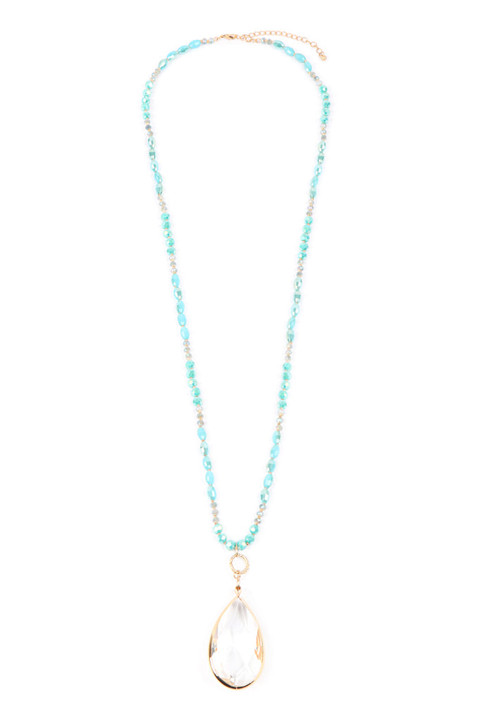 GLASS BEADS LONG NECKLACE WITH CRYSTAL TEARDROP PENDANT