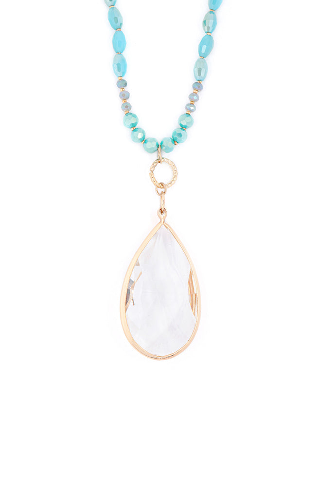 GLASS BEADS LONG NECKLACE WITH CRYSTAL TEARDROP PENDANT