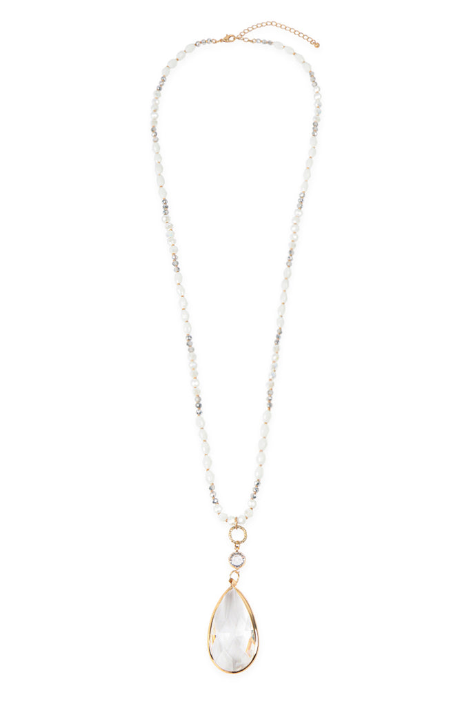 GLASS BEADS LONG NECKLACE WITH CRYSTAL TEARDROP PENDANT