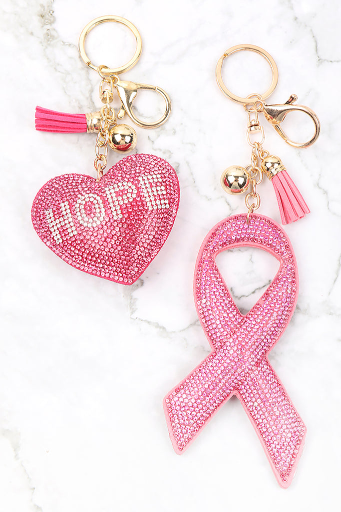 PINK RIBBON AWARENESS RHINESTONE TASSEL KEYCHAIN