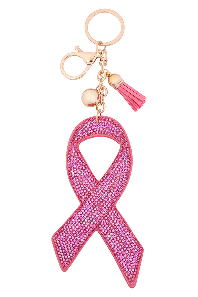 PINK RIBBON AWARENESS RHINESTONE TASSEL KEYCHAIN