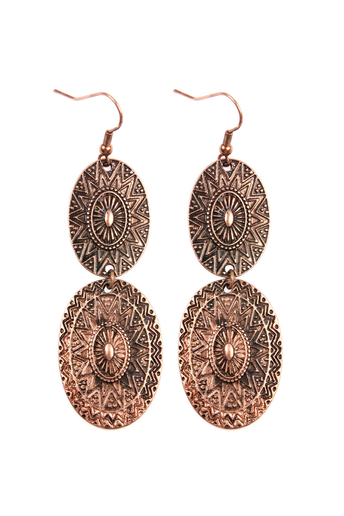 KE0402 - EMBELLISHED OVAL LINKED DROP BURNISHED EARRINGS