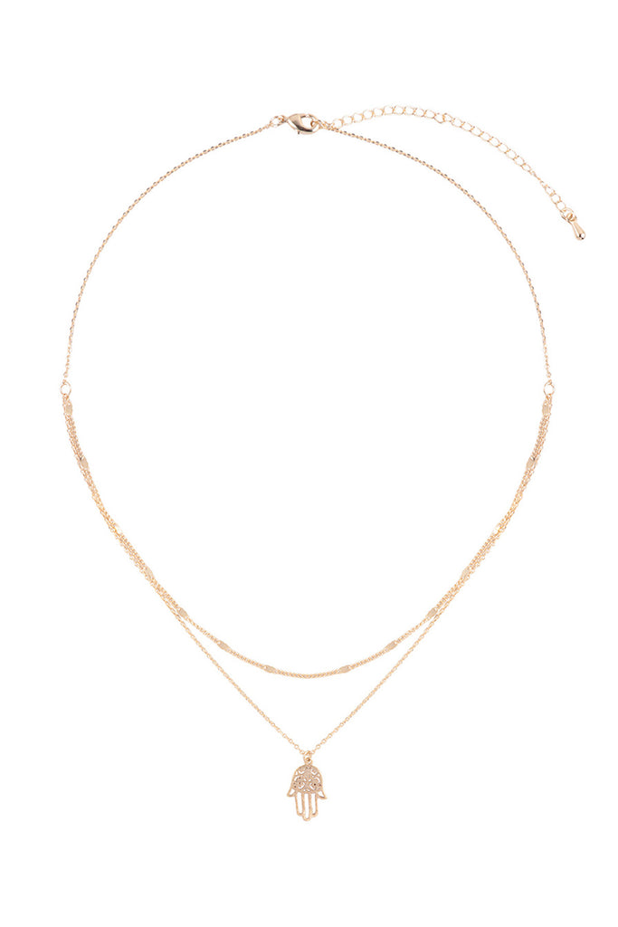 HAMSA HAND FILIGREE PENDANT 2 LAYERED BRASS NECKLACE