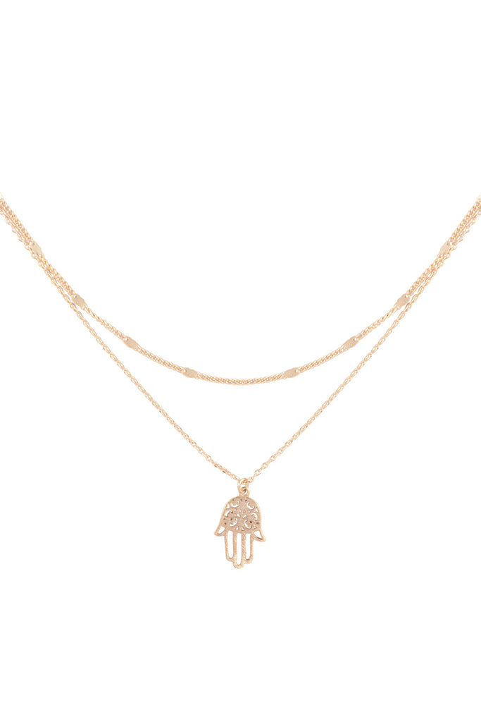 HAMSA HAND FILIGREE PENDANT 2 LAYERED BRASS NECKLACE