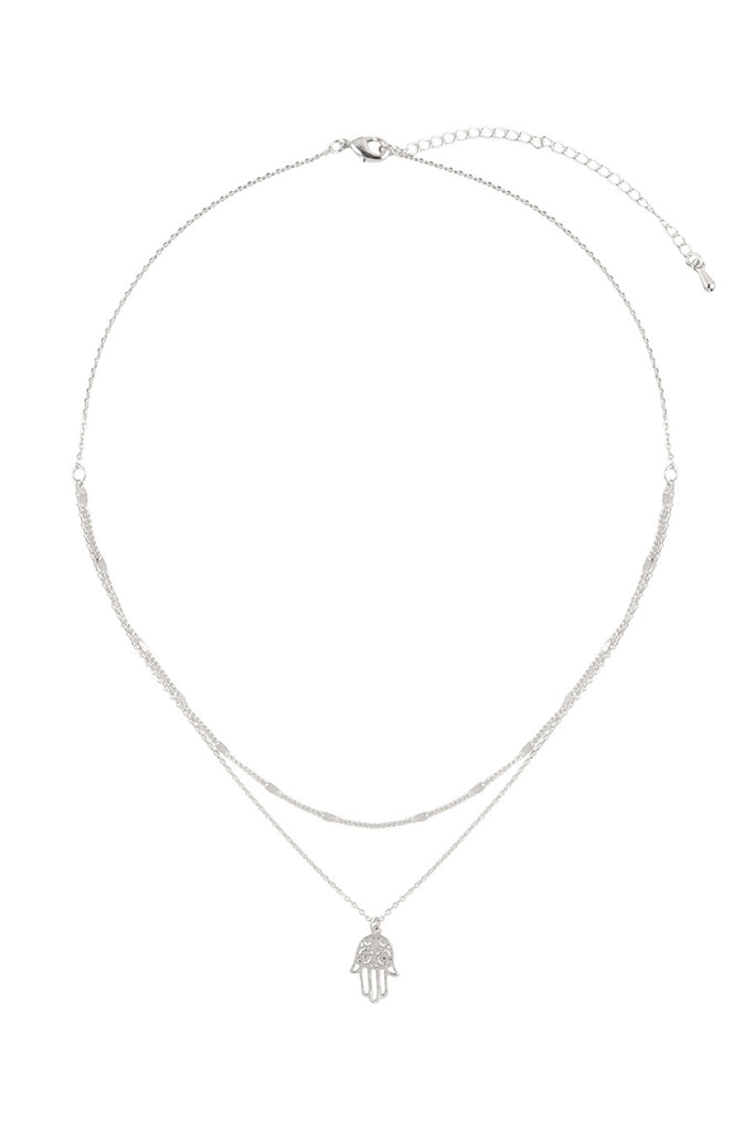 HAMSA HAND FILIGREE PENDANT 2 LAYERED BRASS NECKLACE