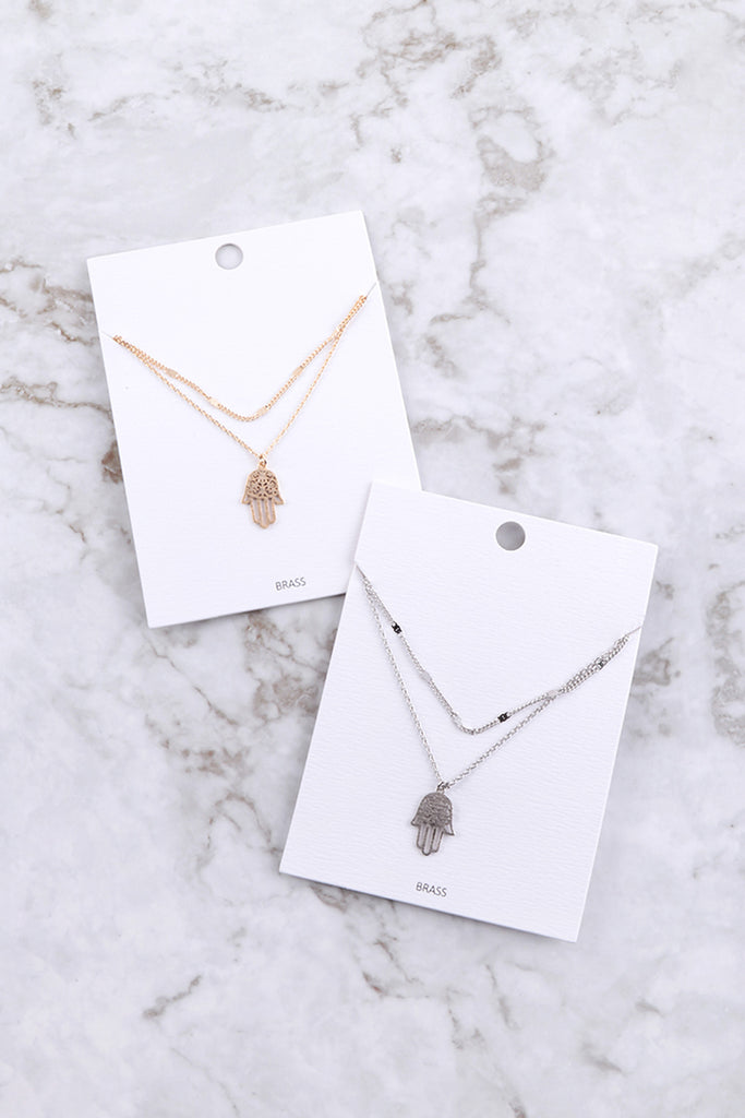 HAMSA HAND FILIGREE PENDANT 2 LAYERED BRASS NECKLACE