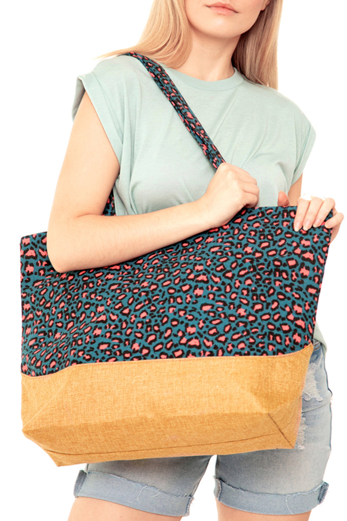 LEOPARD PRINT JUTE TOTE BAG