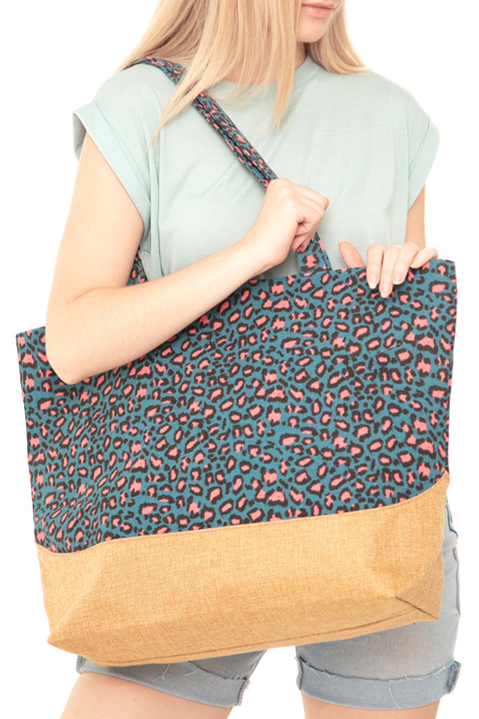 LEOPARD PRINT JUTE TOTE BAG
