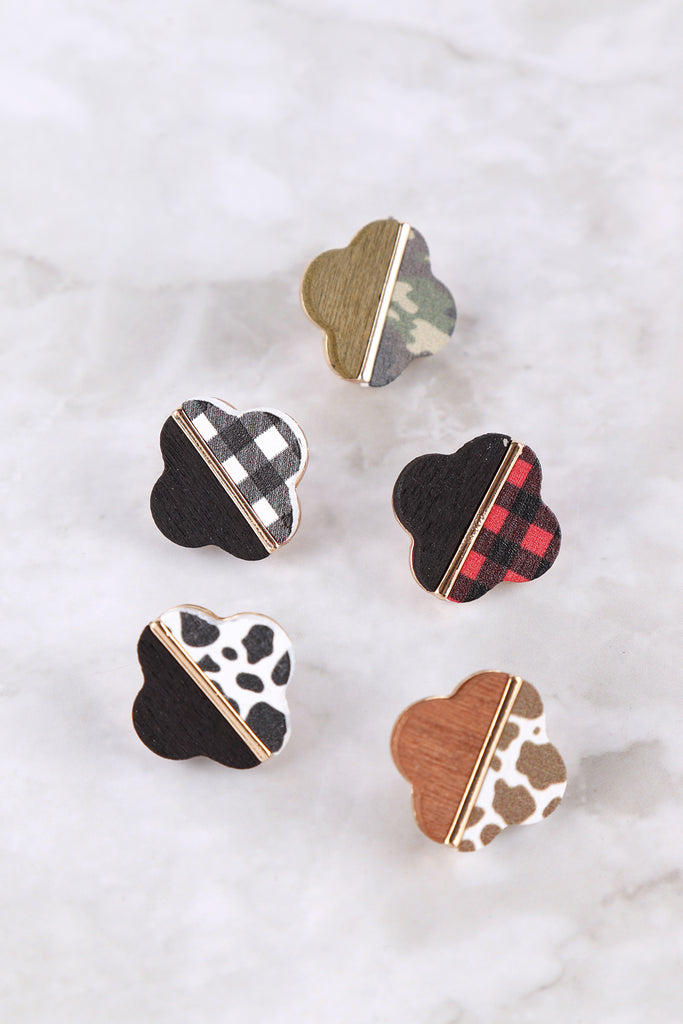 CLOVER WOOD CAMO TWO TONE STUD EARRINGS