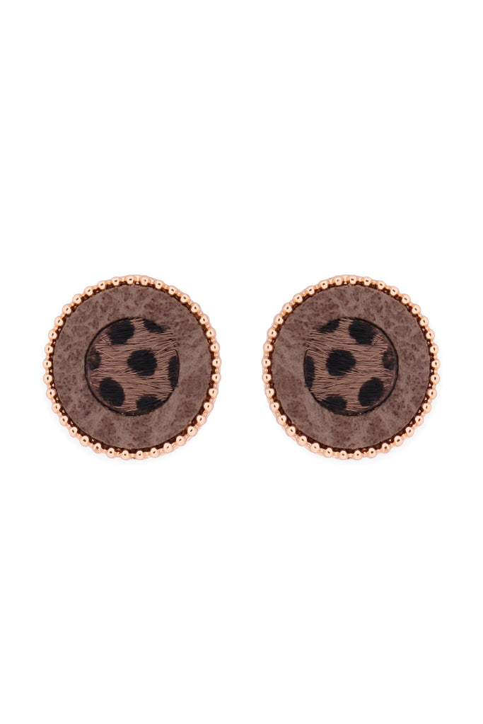 ANIMAL PRINT LEATHER ROUND TWO TONE POST EARRINGS