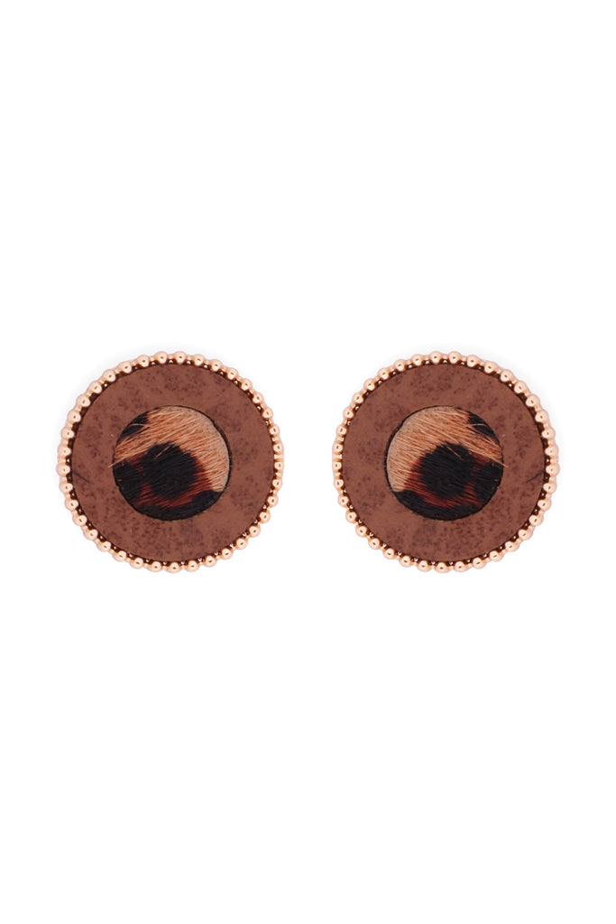 ANIMAL PRINT LEATHER ROUND TWO TONE POST EARRINGS