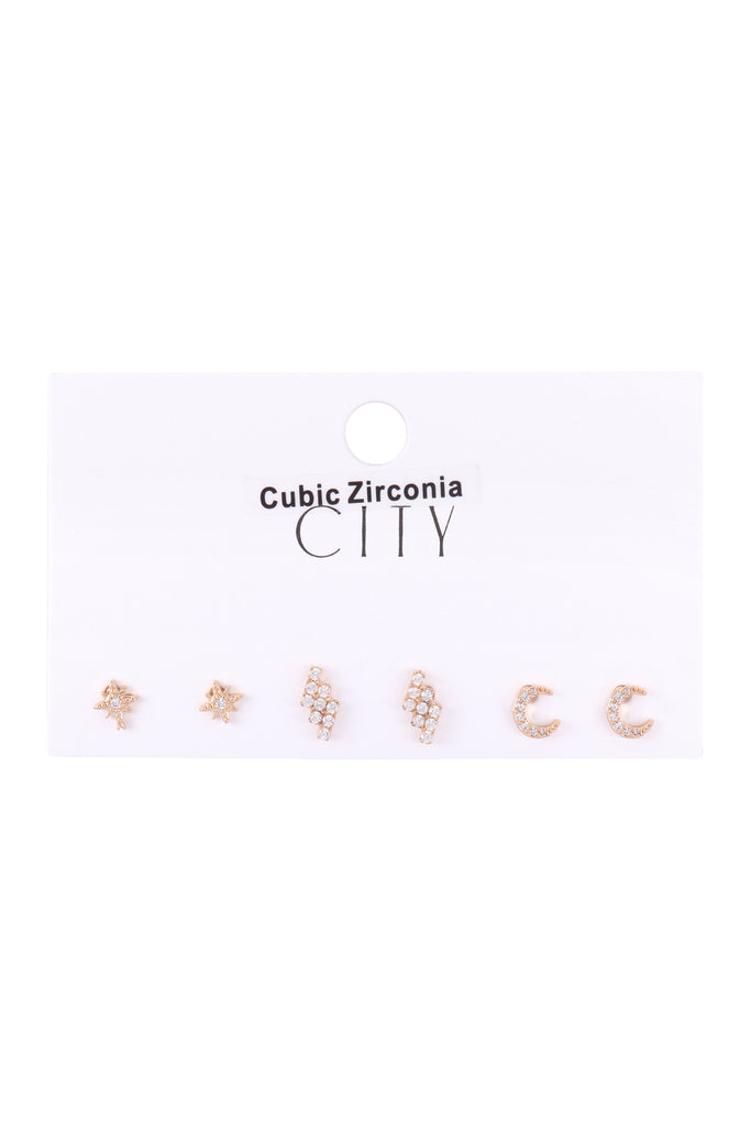ME8708 - CUBIC ZIRCONIA 3PAIR SET STAR BURST LIGHTHING MOON
