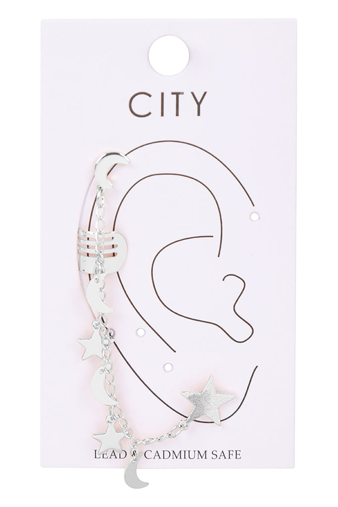 ME9015 - EAR CUFF STAR AND MOON CHAIN LINKED EARRINGS