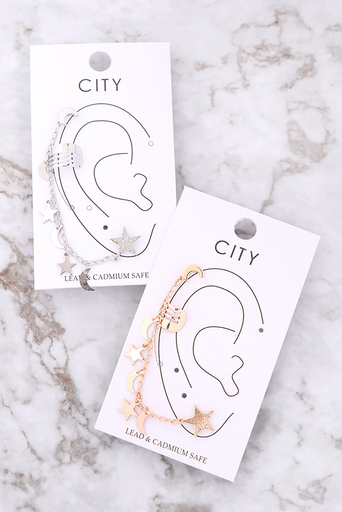 ME9015 - EAR CUFF STAR AND MOON CHAIN LINKED EARRINGS