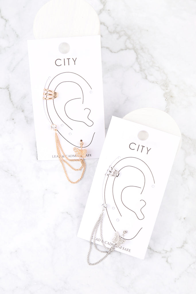 ME9021 - EAR CUFF MULTI CUBIC CHAIN BUTTERFLY EARRINGS