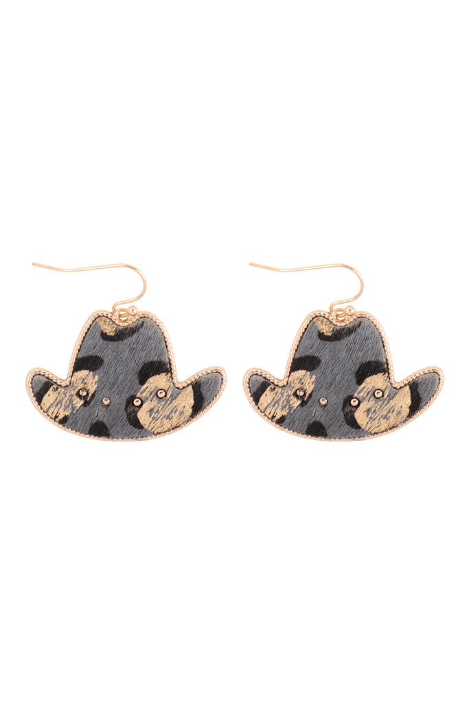 COWBOY HAT GOLD PAINT LEOPARD LEATHER EARRINGS
