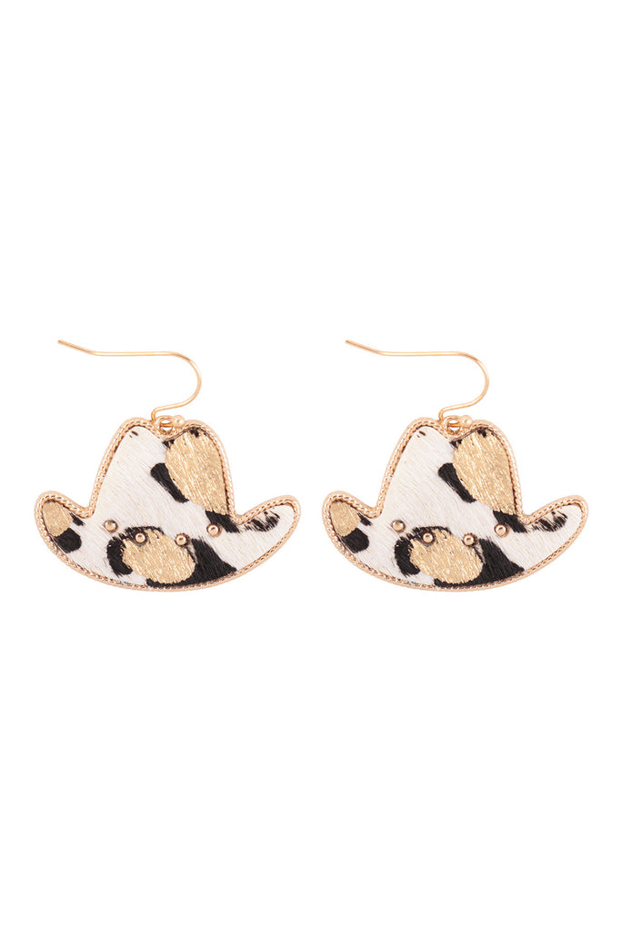 COWBOY HAT GOLD PAINT LEOPARD LEATHER EARRINGS