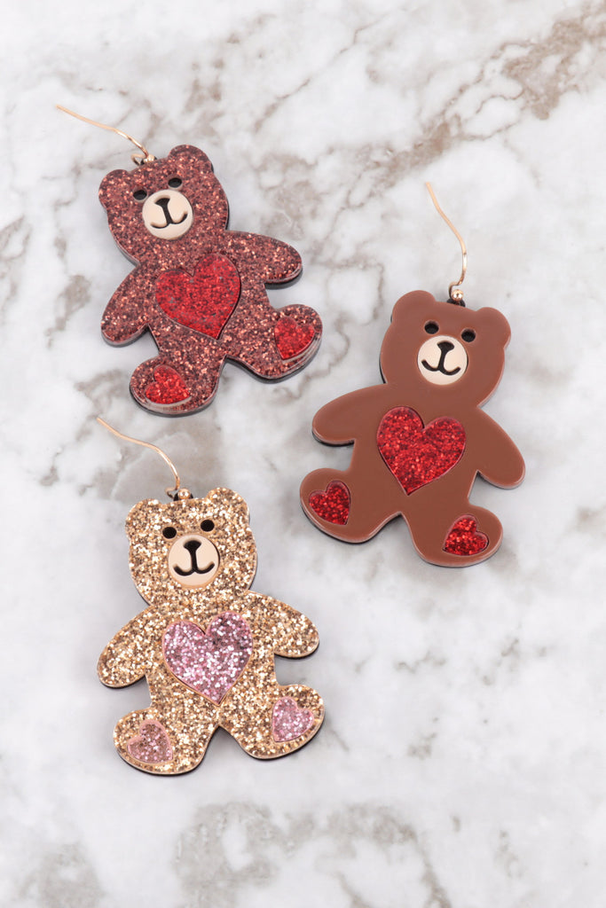 TEDDY BEAR HEART ACETATE EARRINGS