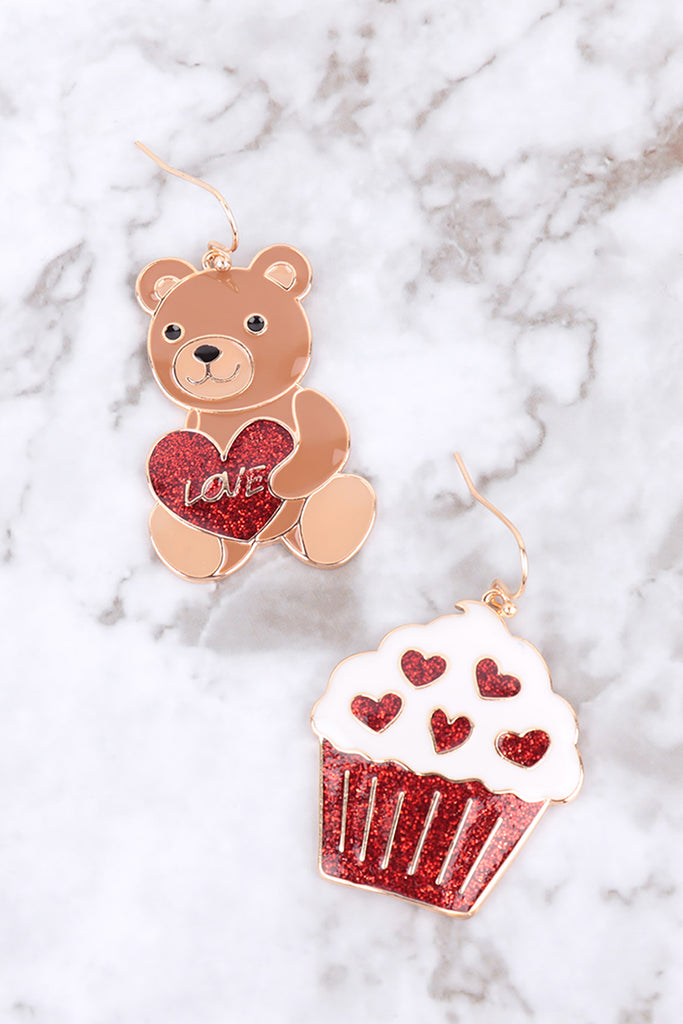 LOVE HEART TEDDY BEAR ENAMEL FISH HOOK EARRINGS