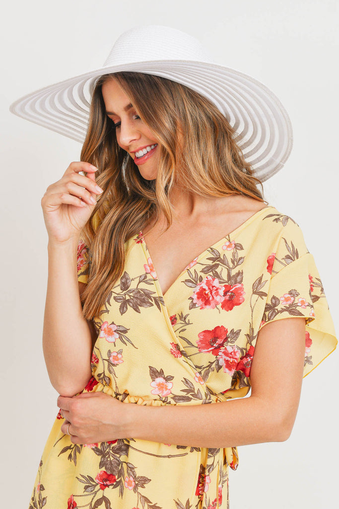 WHITE MESH STRIPE BOW SUMMER FLOPPY BRIM HAT