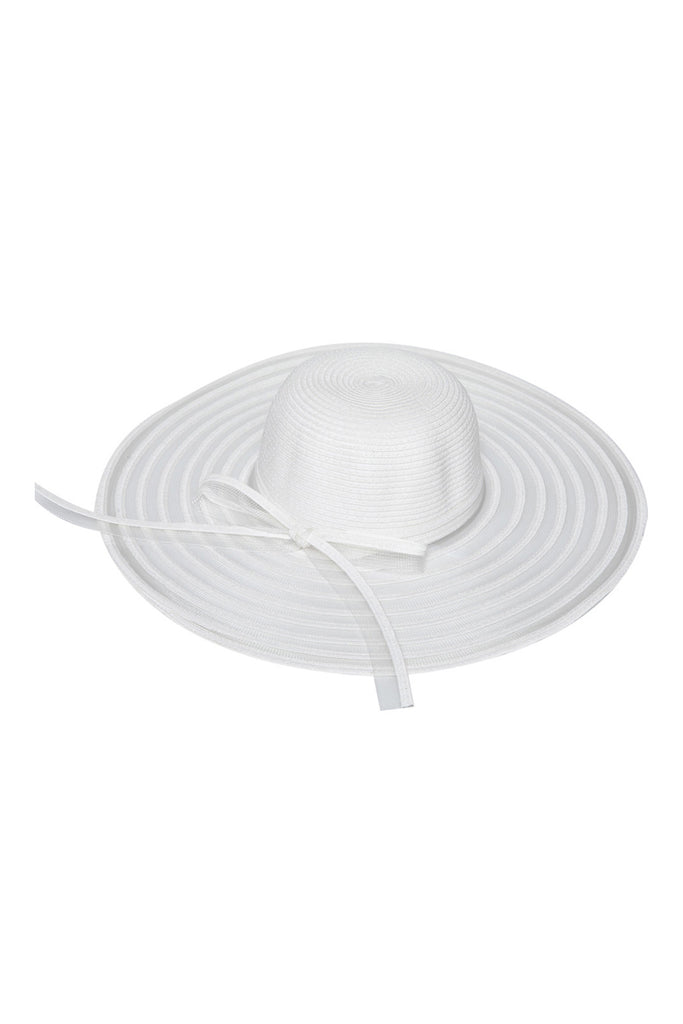WHITE MESH STRIPE BOW SUMMER FLOPPY BRIM HAT