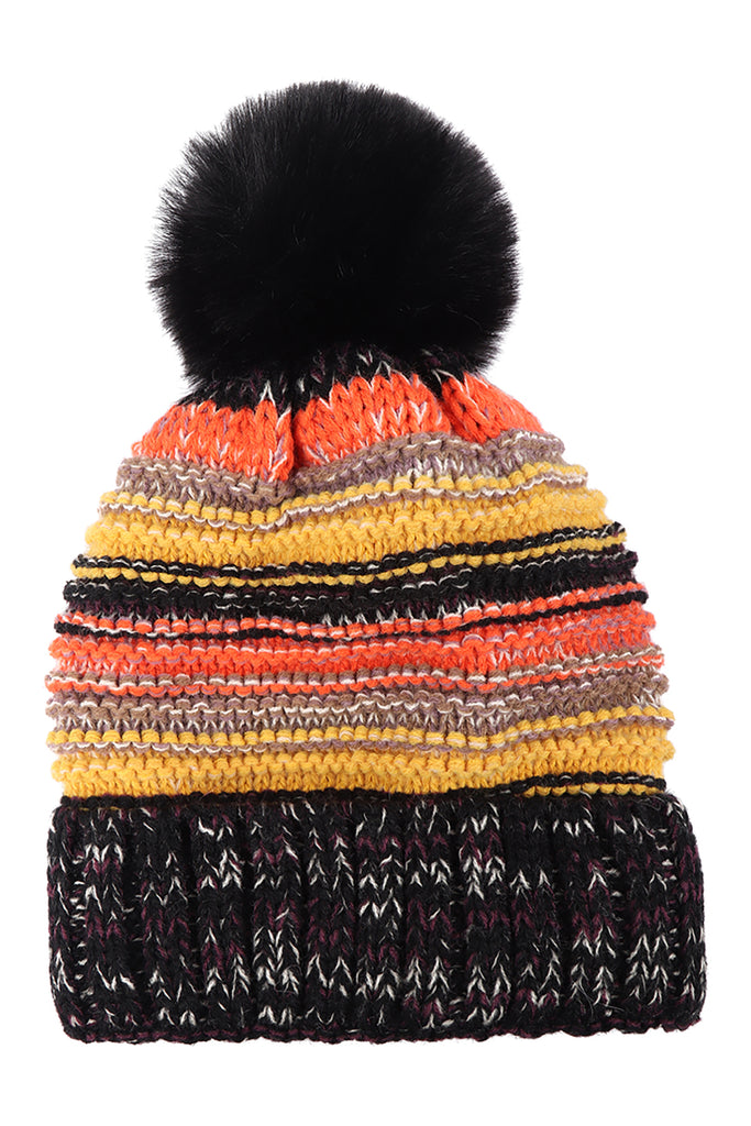 MULTICOLOR STRIPE FLEECE POMPOM BEANIE