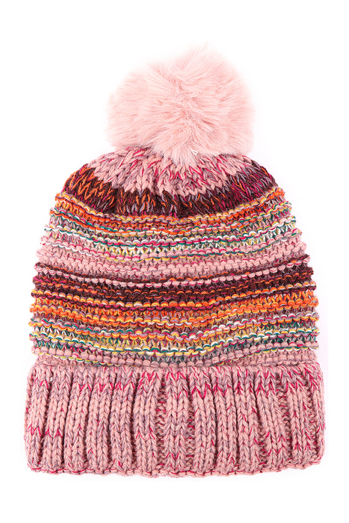 MULTICOLOR STRIPE FLEECE POMPOM BEANIE