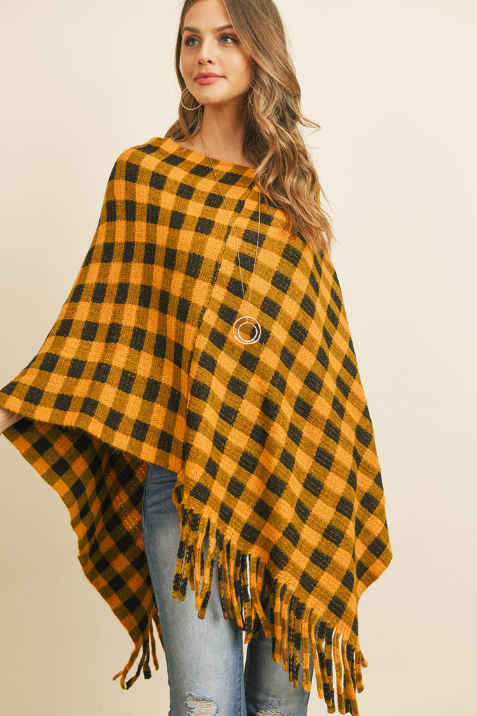 BUFFALO PLAID FRINGE PONCHO