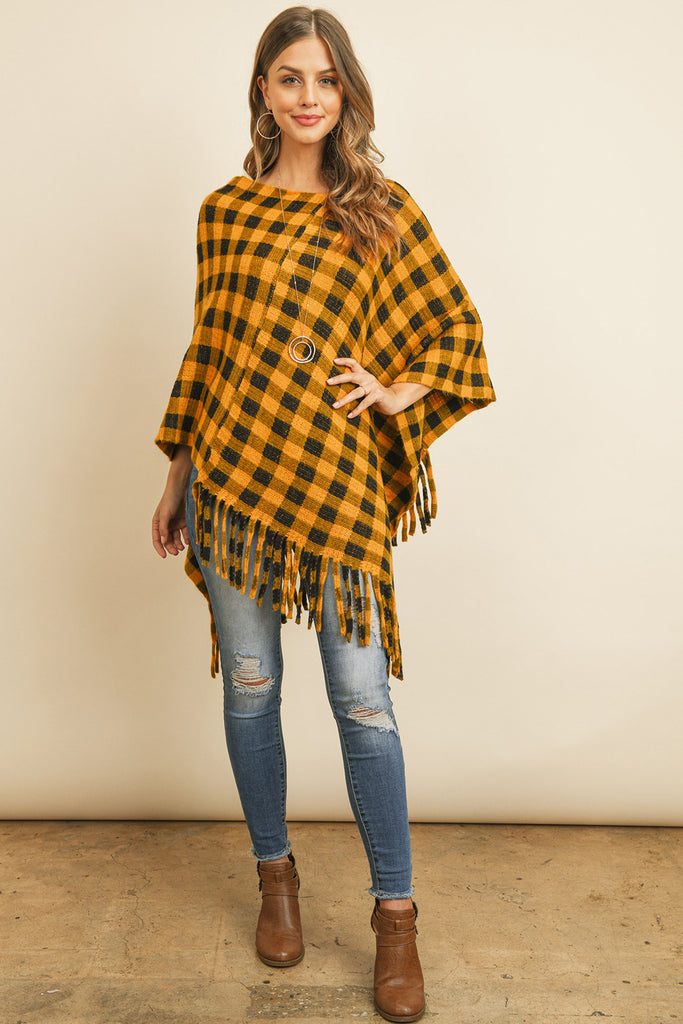 BUFFALO PLAID FRINGE PONCHO