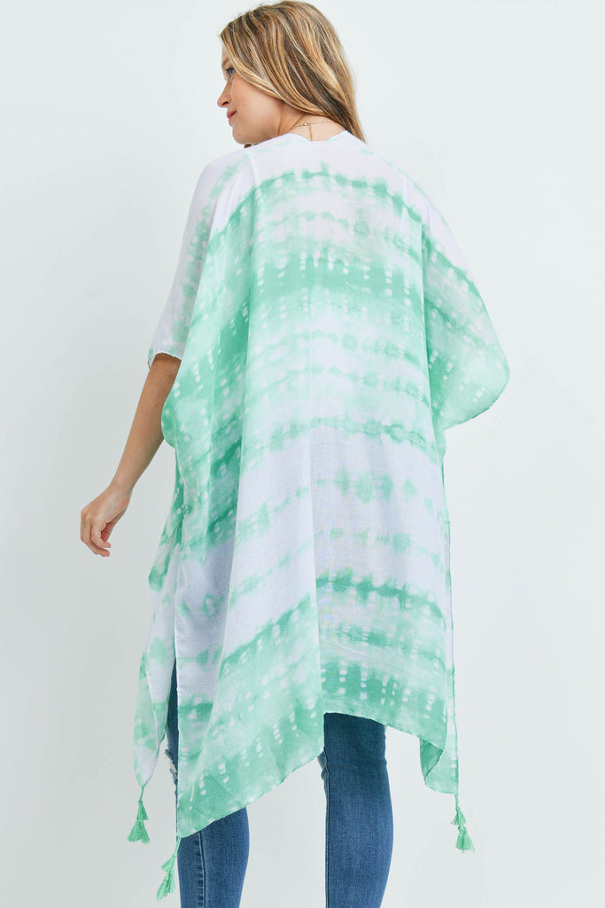 MS0170GN - GREEN TIE DYE DASH TASSEL KIMONO