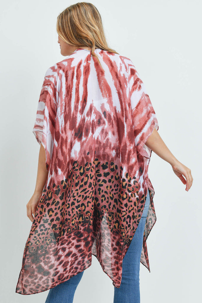MS0176RB - RED BEAN LEOPARD TIE DYE KIMONO